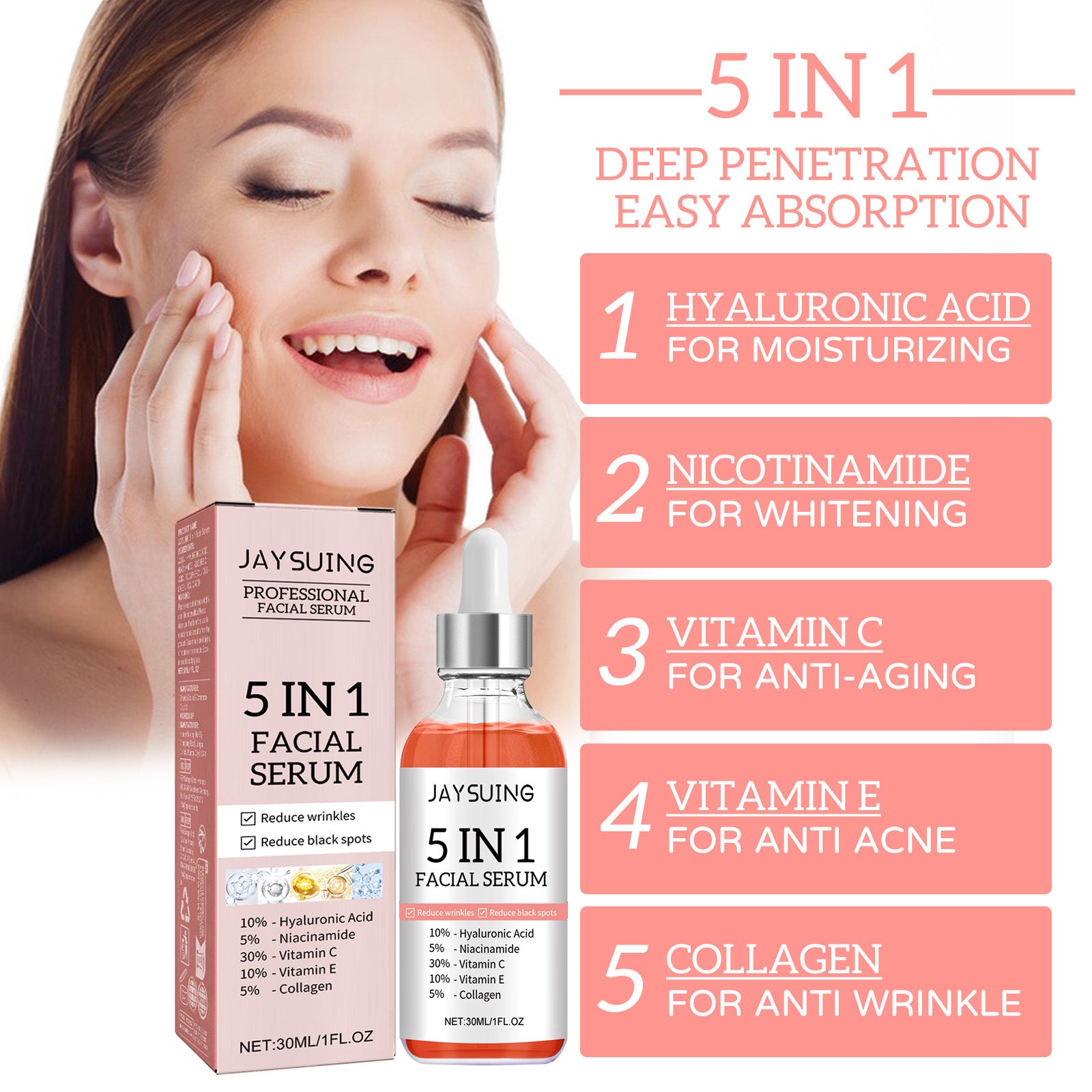 Woman using 5 in 1 facial serum with hyaluronic acid, niacinamide, vitamin C, E, and collagen for anti-aging and moisturizing benefits.