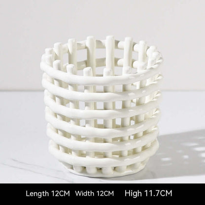 Hand-Woven Ceramic Storage Basket – Elegant Makeup Pen Container for Organized Beauty Essentials