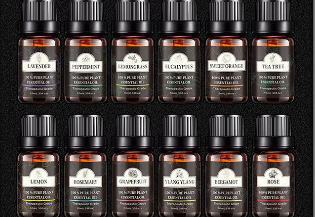 Assorted bottles of pure essential oils, including lavender, tea tree, peppermint, lemongrass, eucalyptus, and more, 10g each.