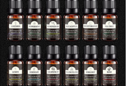 Assorted bottles of pure essential oils, including lavender, tea tree, peppermint, lemongrass, eucalyptus, and more, 10g each.