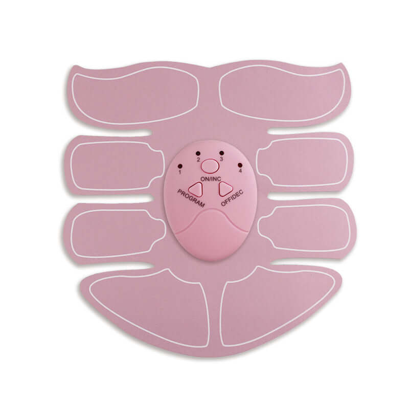 Pink abdominal patch for home exercise, featuring battery-operated mechanical controls and multiple massage techniques for various body parts.