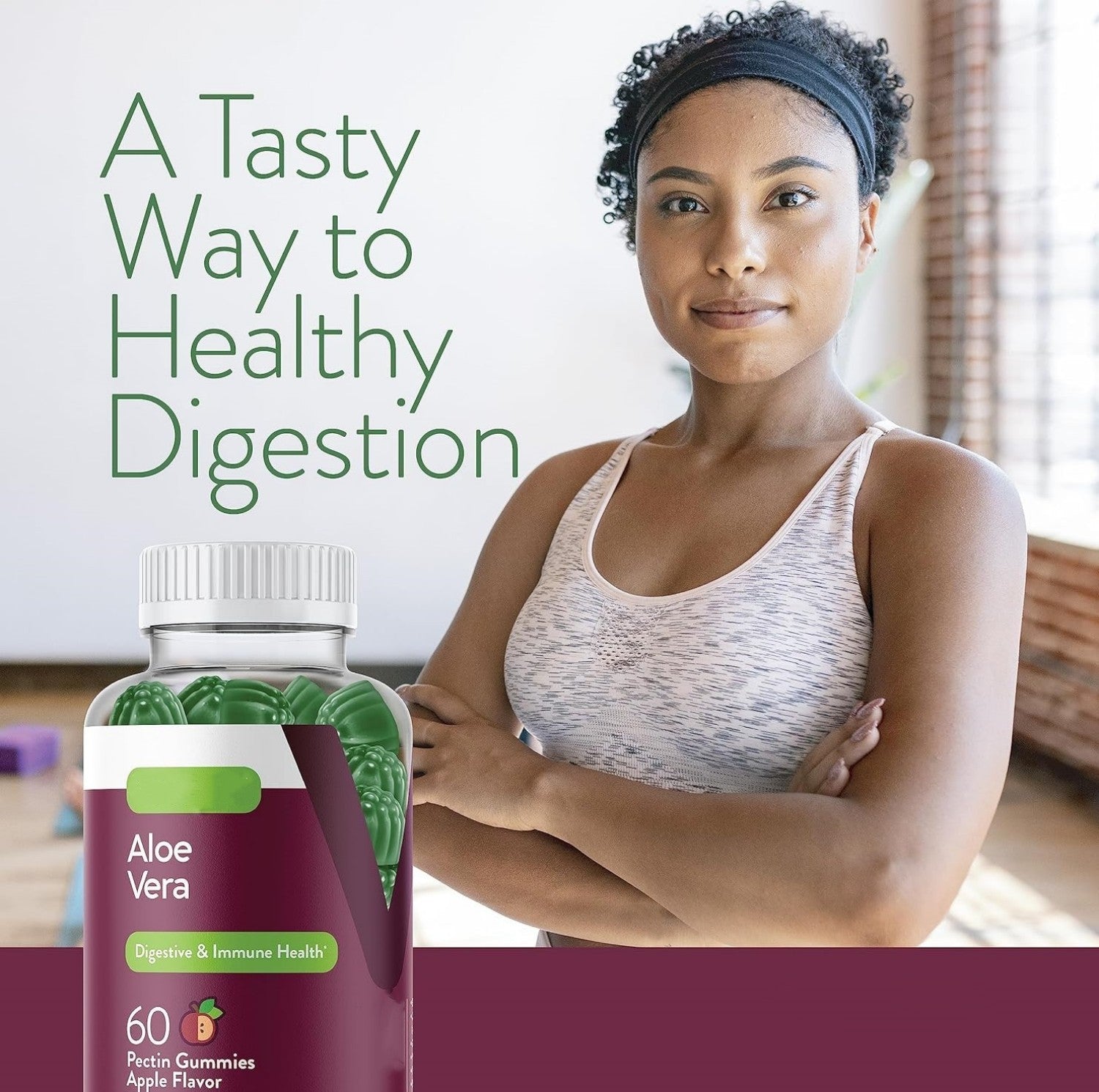 Aloe Vera Gummies for digestive health, woman in activewear standing confidently, emphasizing healthy digestion benefits.