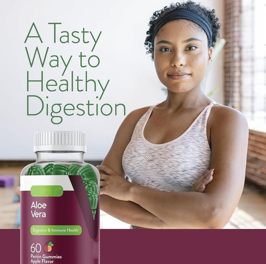 Aloe Vera Gummies for digestive health, woman in activewear standing confidently, emphasizing healthy digestion benefits.
