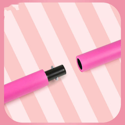Pink Pilates fitness bar equipment with elastic exercise training setup featuring connection detail on striped background.