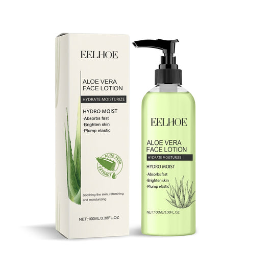 Aloe Vera Face Lotion with aloe leaf extract, hydrates and brightens skin, 100ml bottle and packaging displayed.