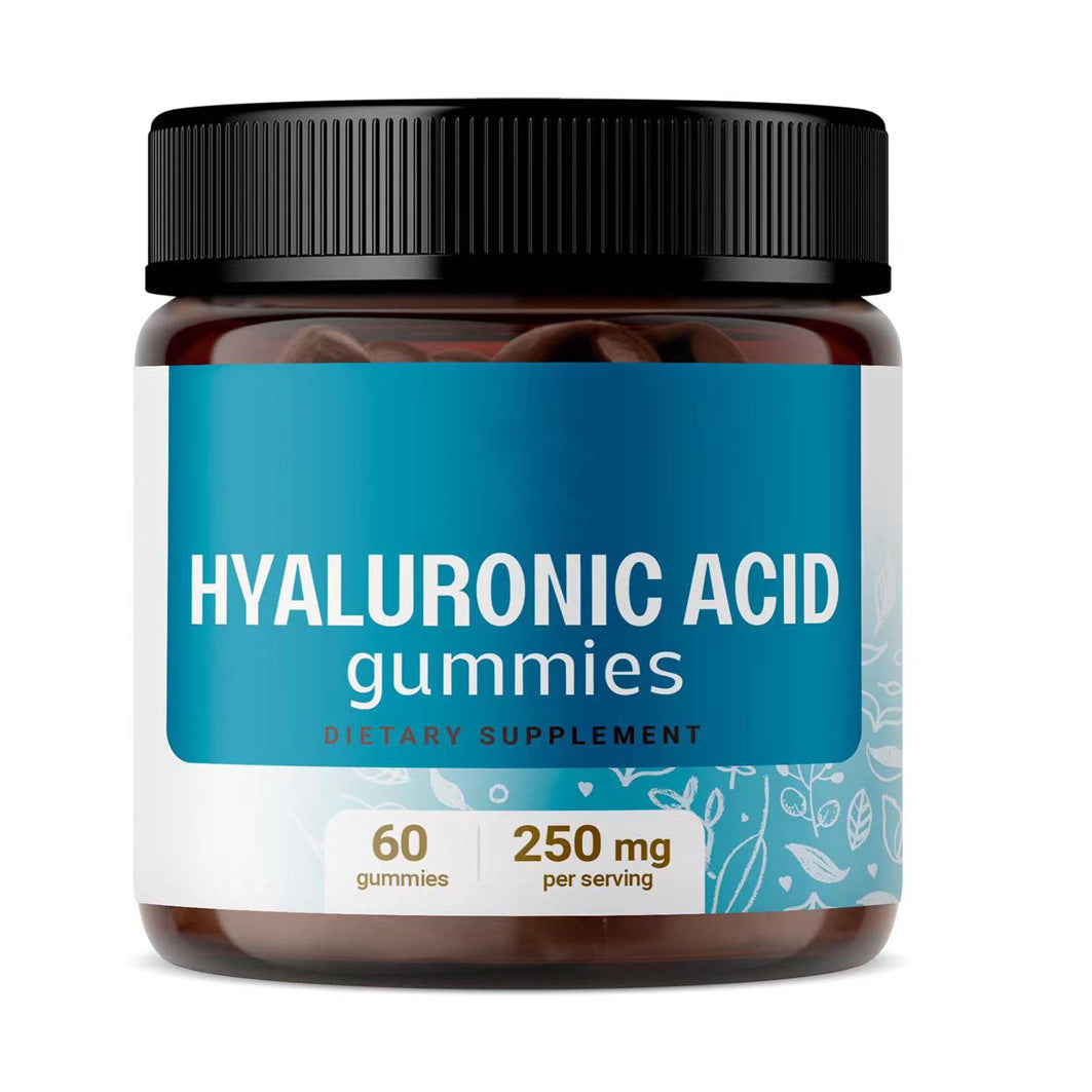 Hyaluronic Acid Gummies in a clear jar, 60 gummies, 250 mg per serving, dietary supplement for healthy skin and joints.