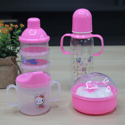 "4-piece milk bottle set for babies and toddlers, featuring essential maternal and baby products for feeding and convenience."