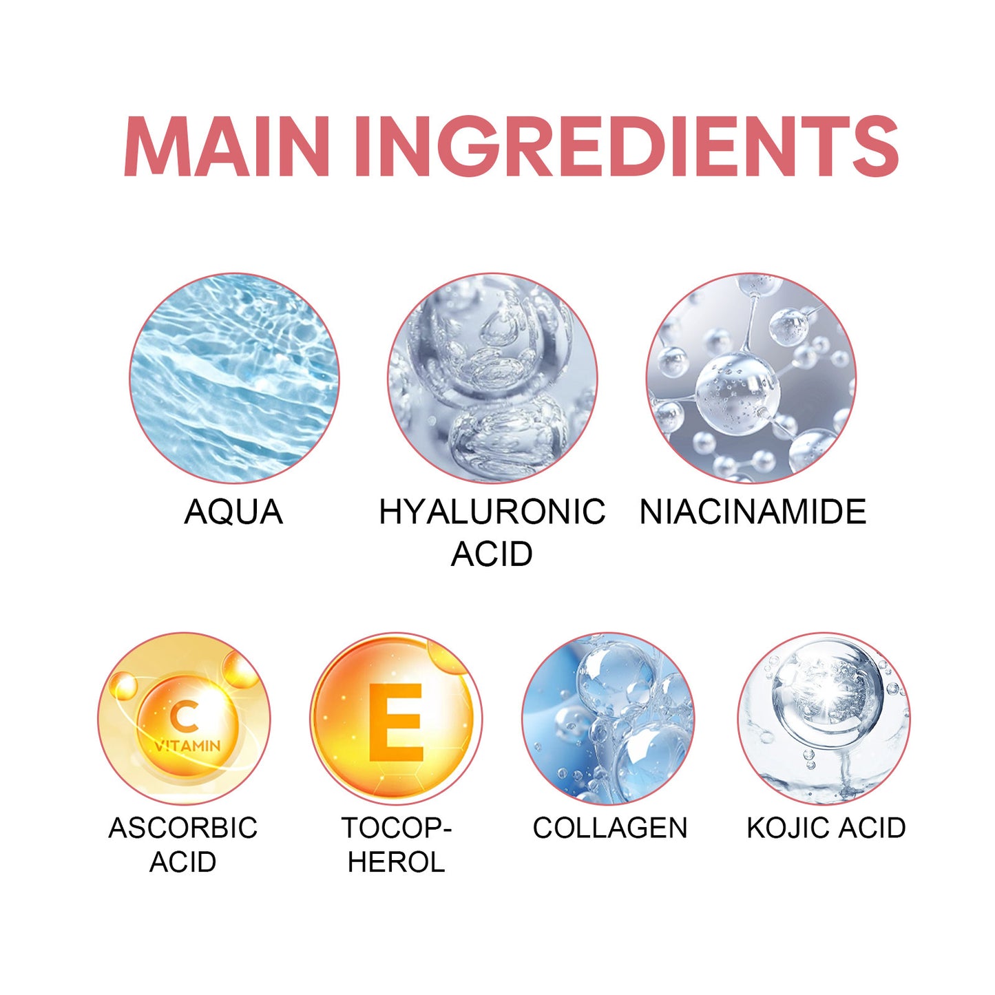 Main ingredients of facial serum including aqua, hyaluronic acid, niacinamide, ascorbic acid, tocopherol, collagen, and kojic acid.