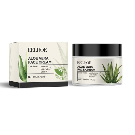 Aloe Vera Face Cream jar and box, known for moisturizing and bouncy skin benefits, enriched with aloe leaf extract and vitamins.